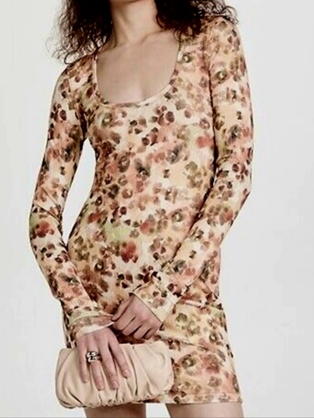 Nanushka Cathleen Long Sleeve Scoop Neck Floral Print Bodycon Dress SZ M